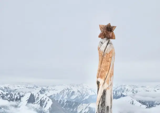 wooden staff on a background of mountains